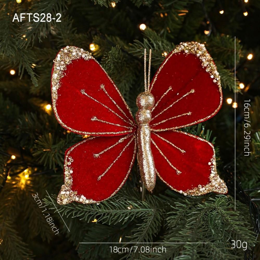 Velvet Butterfly Christmas Flower Flocking Artificial Double Simulation Christmas Decorations Exquisite Sequins Glitter