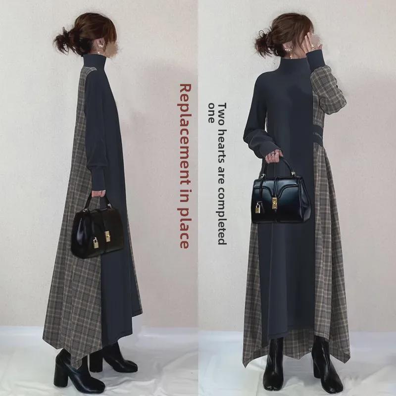 2024 Осень/Зима Японское клетчатое платье-халат с разрезом для зрелых женщин