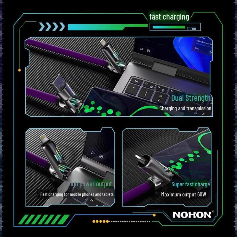 Кабель для передачи данных PD60W с жидкостным силиконом и функцией быстрой зарядки 4 в 1, Type-C, совместим с Huawei и Apple, двойная быстрая зарядка.