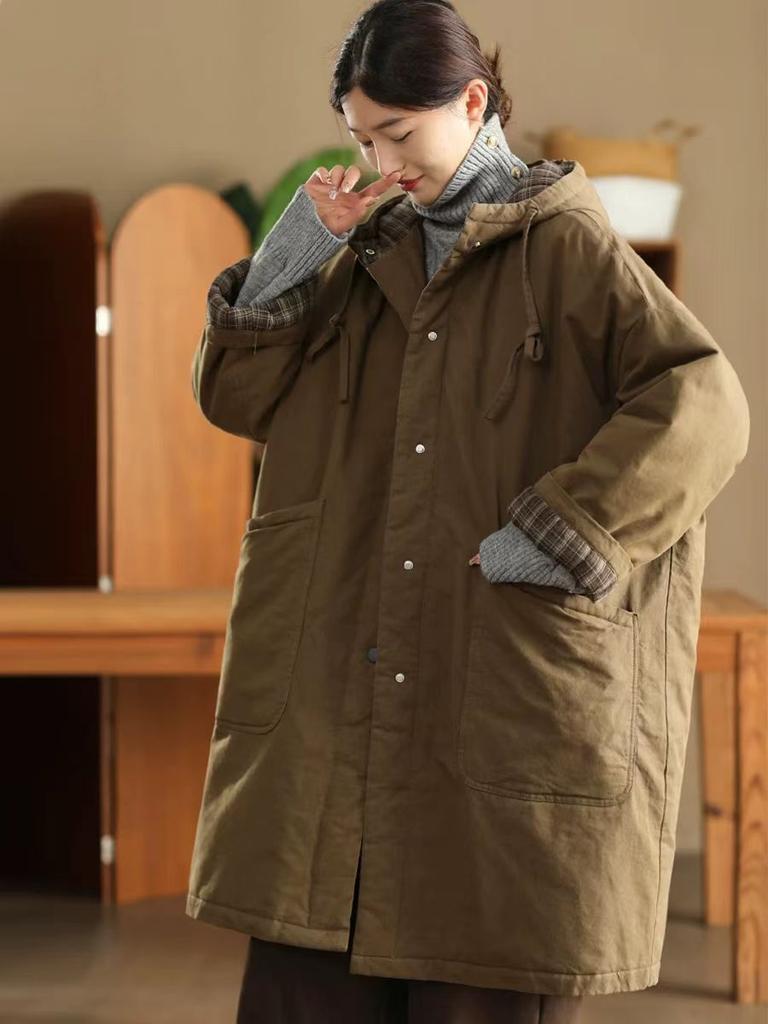 Johnature Женские винтажные теплые зимние пальто с капюшоном на пуговицах с длинным рукавом