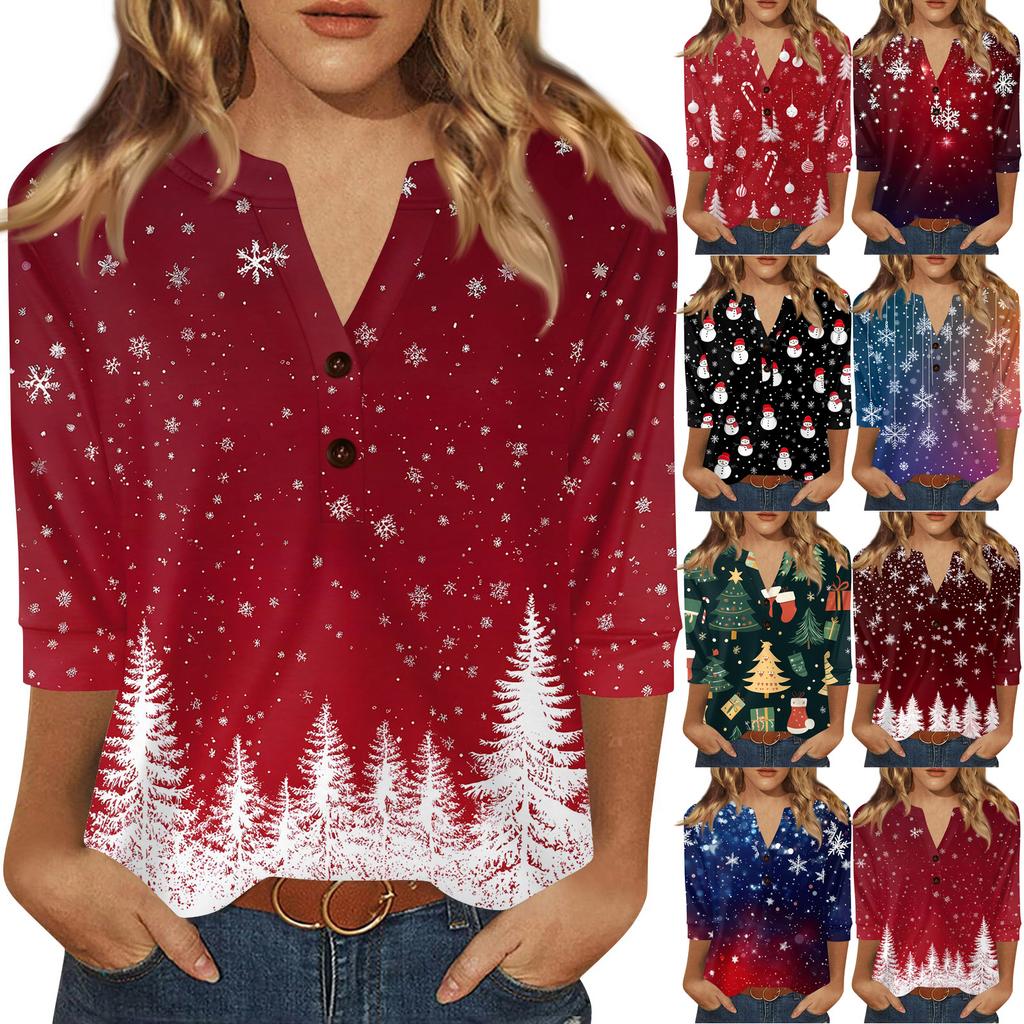 Женская футболка с рождественским принтом, на пуговицах, рукав 3/4, повседневная, выходного дня, модная, базовая, с V-образным вырезом, стандартный топ