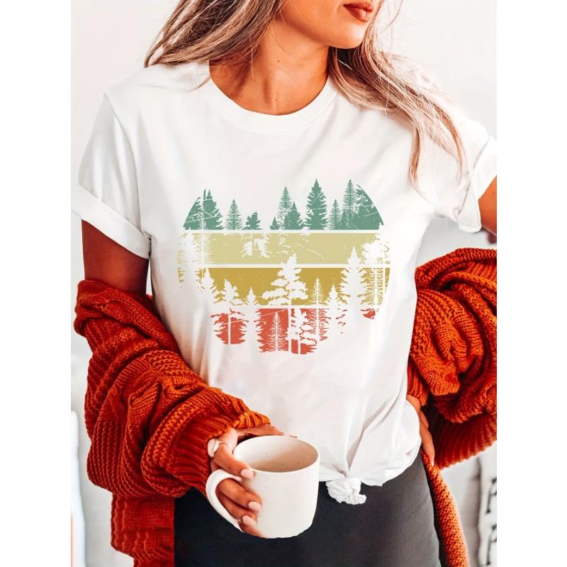 Европейские размеры Повседневная футболка с принтом букв в стиле Natural Vintage Forest Fashion, с коротким рукавом и круглым вырезом, для лета и весны, Женская одежда
