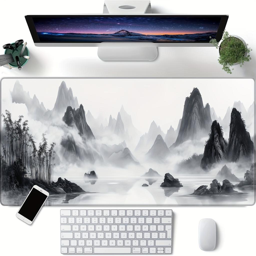 large Black White Chinese Ink Painting Mouse Pad XXL Non-Slip Rubber Base with Stitched Edges Desk Mat Gaming Office Accessories