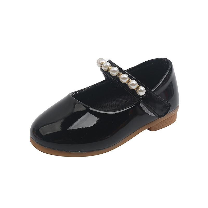 Girls' leather shoes, Korean style pearl buckle princess shoes, children's soft-soled black shoes for little girls, baby performance shoes, runway
