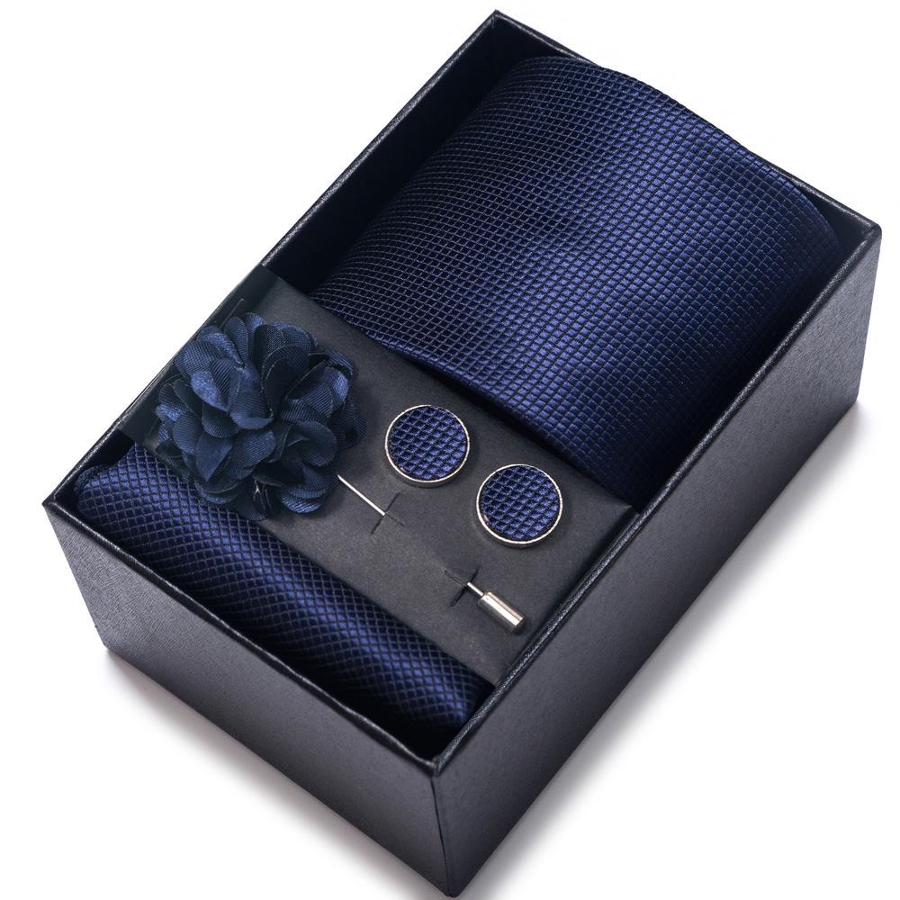 Men's Blue-Gold Stripe Tie Set: Includes Pocket Square, Cufflinks & Lapel Pin in Gift Box - Perfect for Gifts