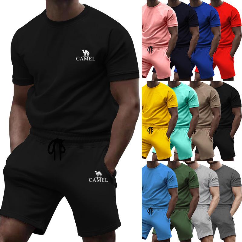 Camel Short Sleeved Men's Summer Casual Fashion Solid Color Two-piece Sports Suit Trendy Quarter Pants