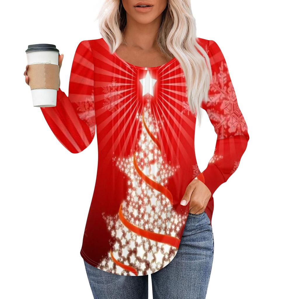 Женская модная повседневная плиссированная футболка с круглым вырезом и рождественским принтом с длинными рукавами