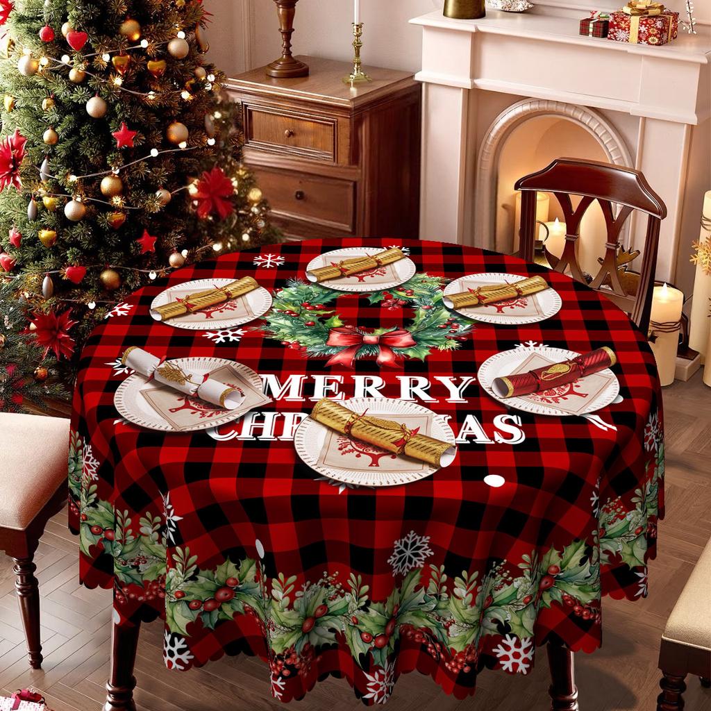 Red Black Checked Christmas Tablecloth, Snowflake Reindeer Merry Christmas Print, Rectangular Table Cloth