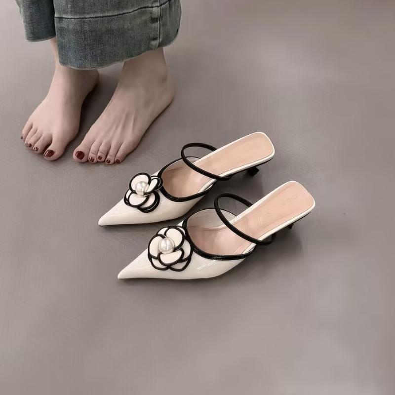 Fashion Woman Flower Pointed Toe High Heels Women Female Summer Elegant Fashion Pumps Flower Mule Slippers Women Luxury Designer Sandals