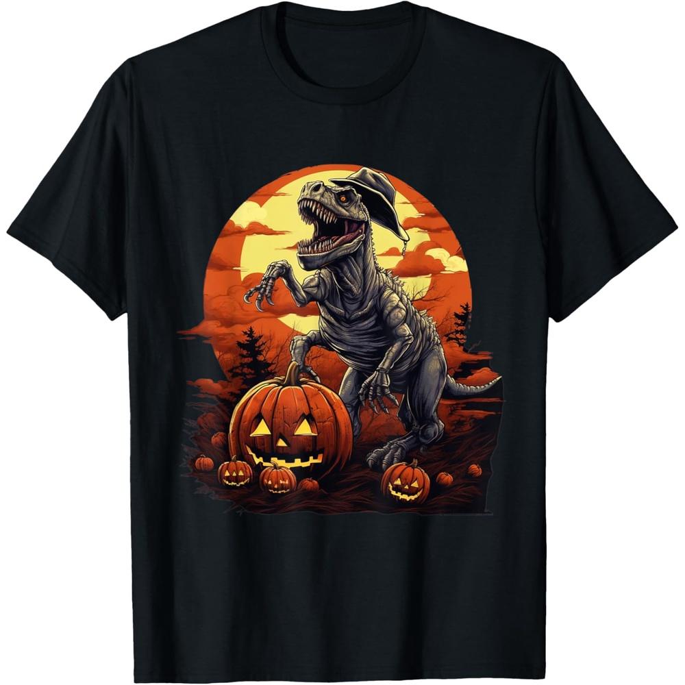 Spooky T-Rex Print Dinosaur Under Moon Scary Pumpkin T-Shirt