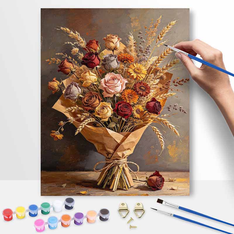 Vintage rose bouquet and wheat ears oil painting DIY digital painting handpainted living room hallway decorative wall hanging