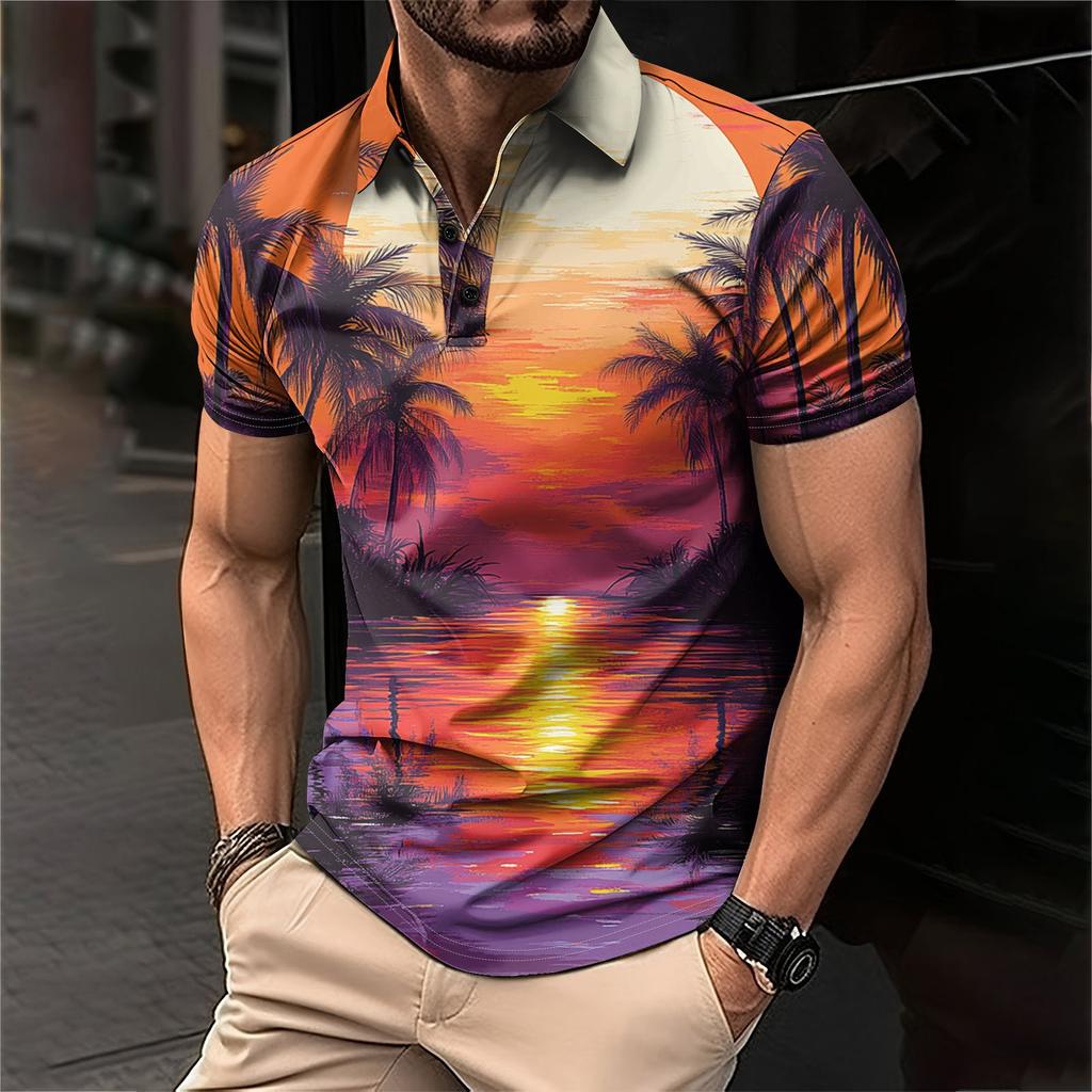 Мужская рубашка для гольфа с гавайским принтом, повседневная спортивная, с V-образным вырезом и коротким рукавом