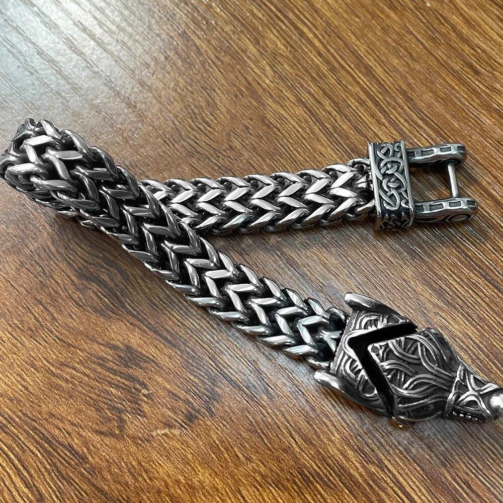 Nordic Viking Bracelet for Men Vintage Wolf Head Scandinavian Bracelet Men's 12MM Width S.Steel Square Franco Link Curb Chain