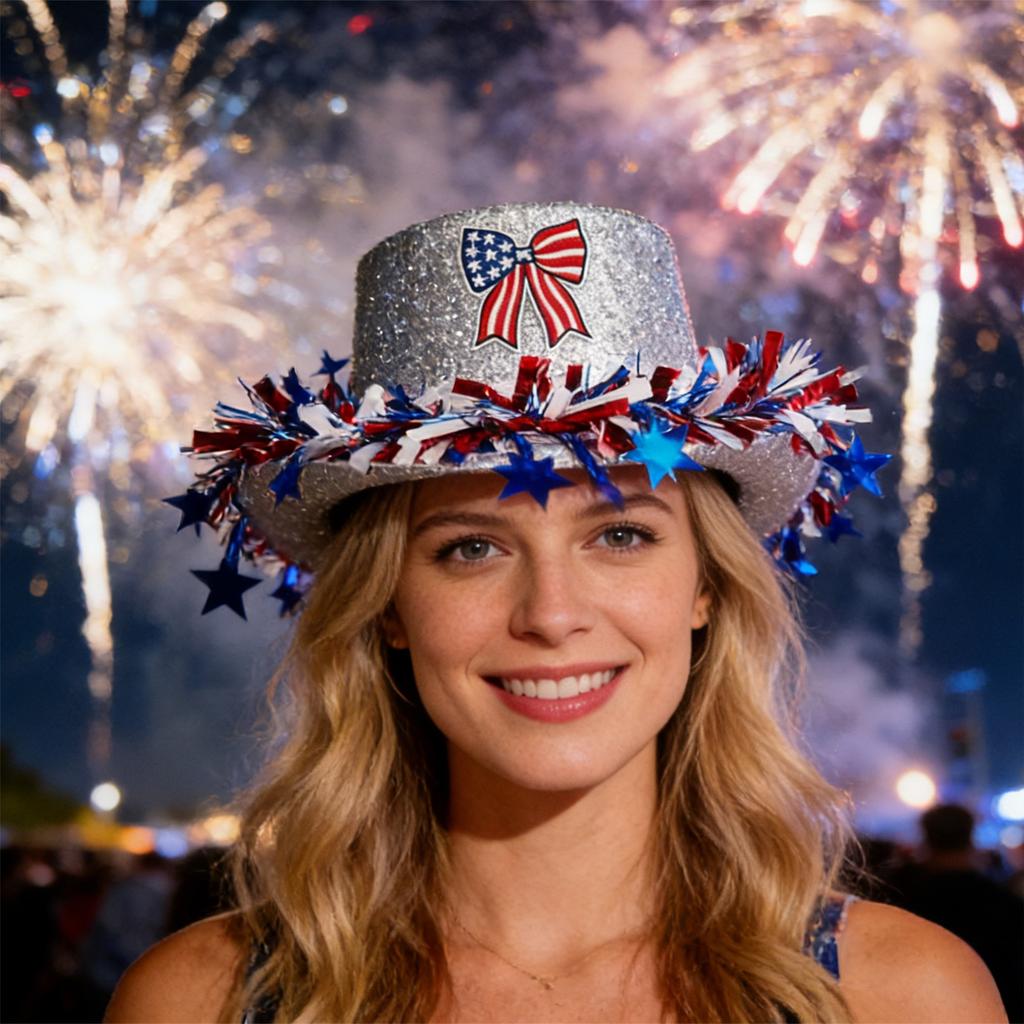 Patriotic Women s Fourth of July Sequin Top Hat with Stars and Stripes - Red White and Blue Party Accessory for Independence