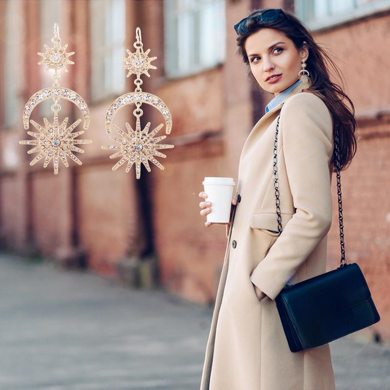 Длинные серьги в стиле ретро для женщин в стиле европейской и американской моды с изображением греческой богини, горного хрусталя, звезды, солнца и луны