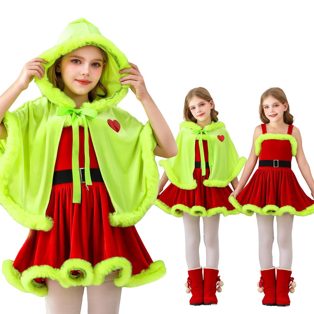 Christmas costumes children's geeks green hair monster grinch cape dress Santa Claus children's clothing Christmas party