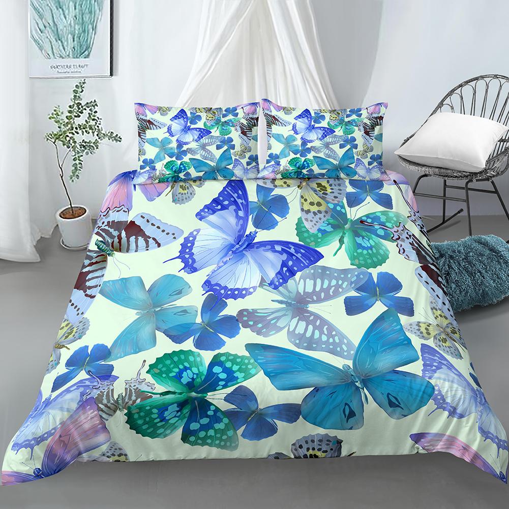 Пододеяльник с эстетикой бабочки King Queen Красивый синий комплект постельного белья с рисунком летающих насекомых 2/3 шт. полиэстеровый пододеяльник
