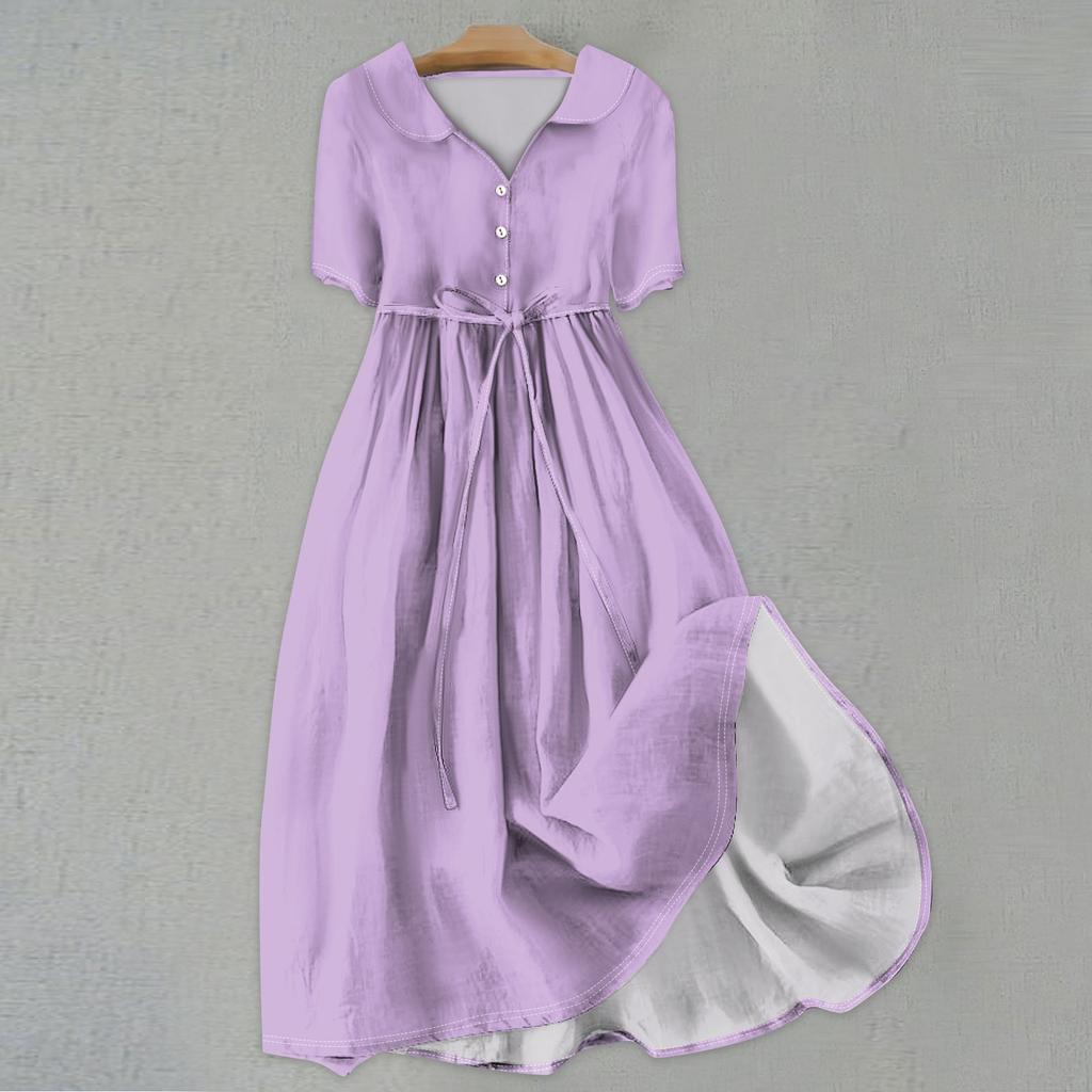 Женская мода сплошной цвет воротник с лацканами пуговицы с коротким рукавом одежда ремни платье