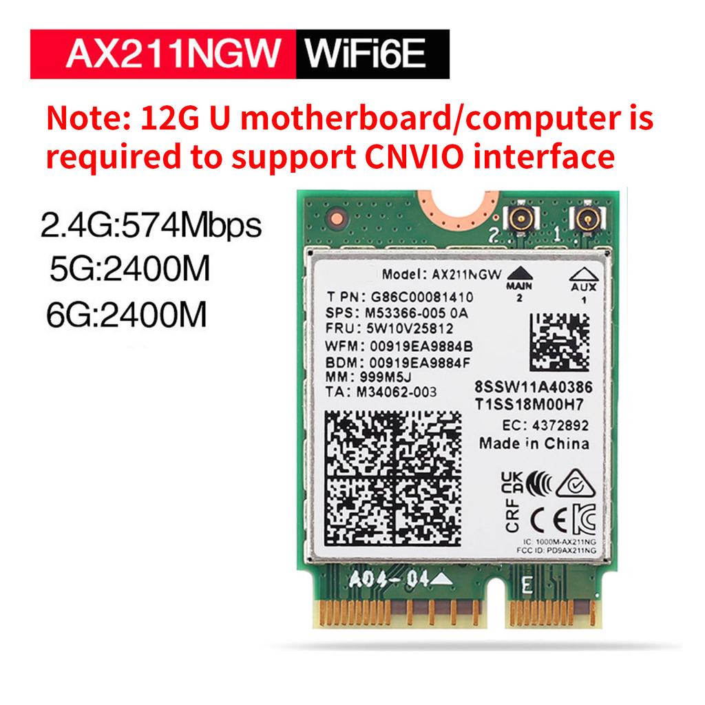 AX211NGW WiFi 6E Network Card BT5.3 Wireless Adapter Wi-Fi 6E 2 Antennas Tri-Band 2.4G/5G/6G 5374Mbps 802.11AX CNVio2