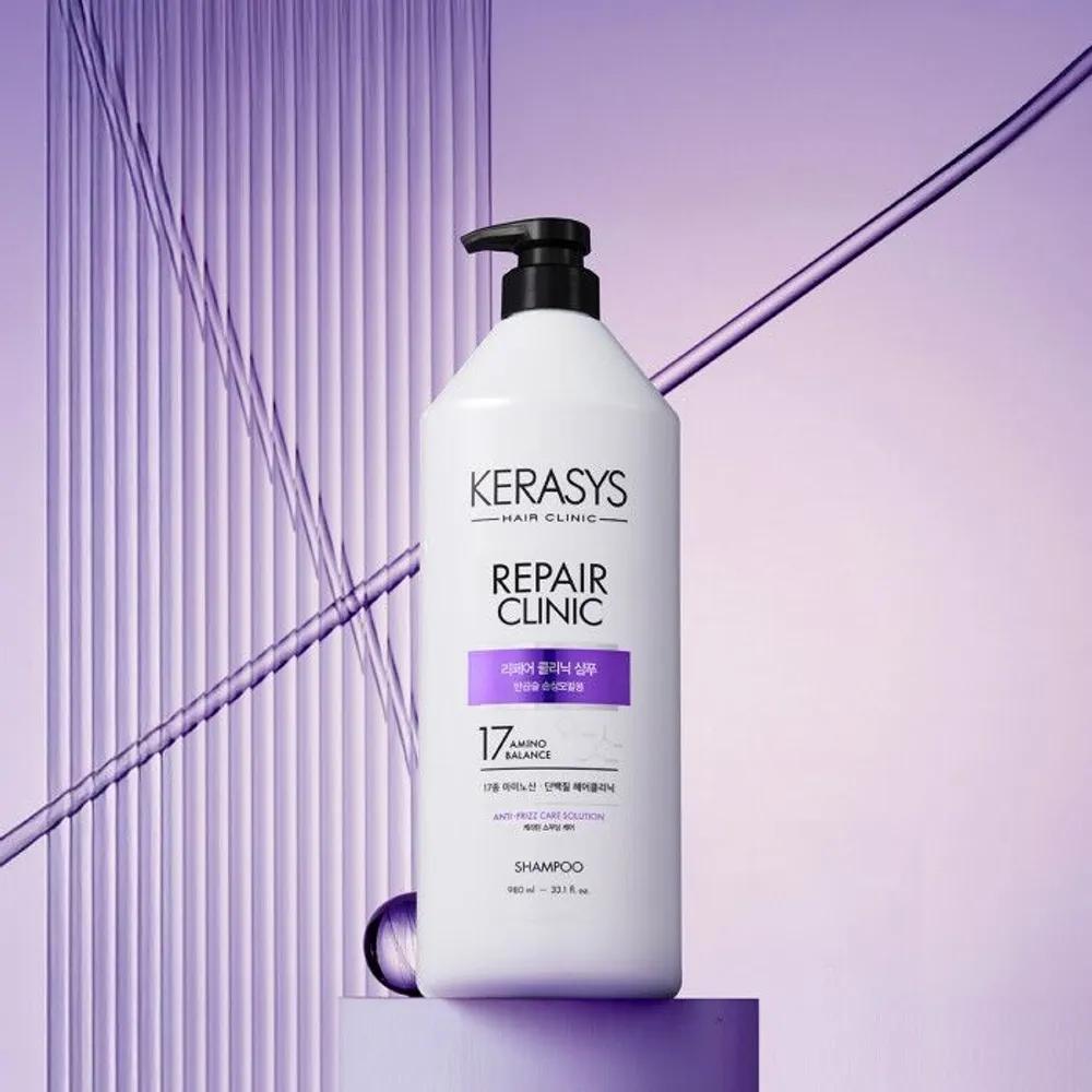 KERASYS Repair Clinic Белковый шампунь для вьющихся и поврежденных волос 980 мл*2 + Бесплатный кератиновый кондиционер 200 мл