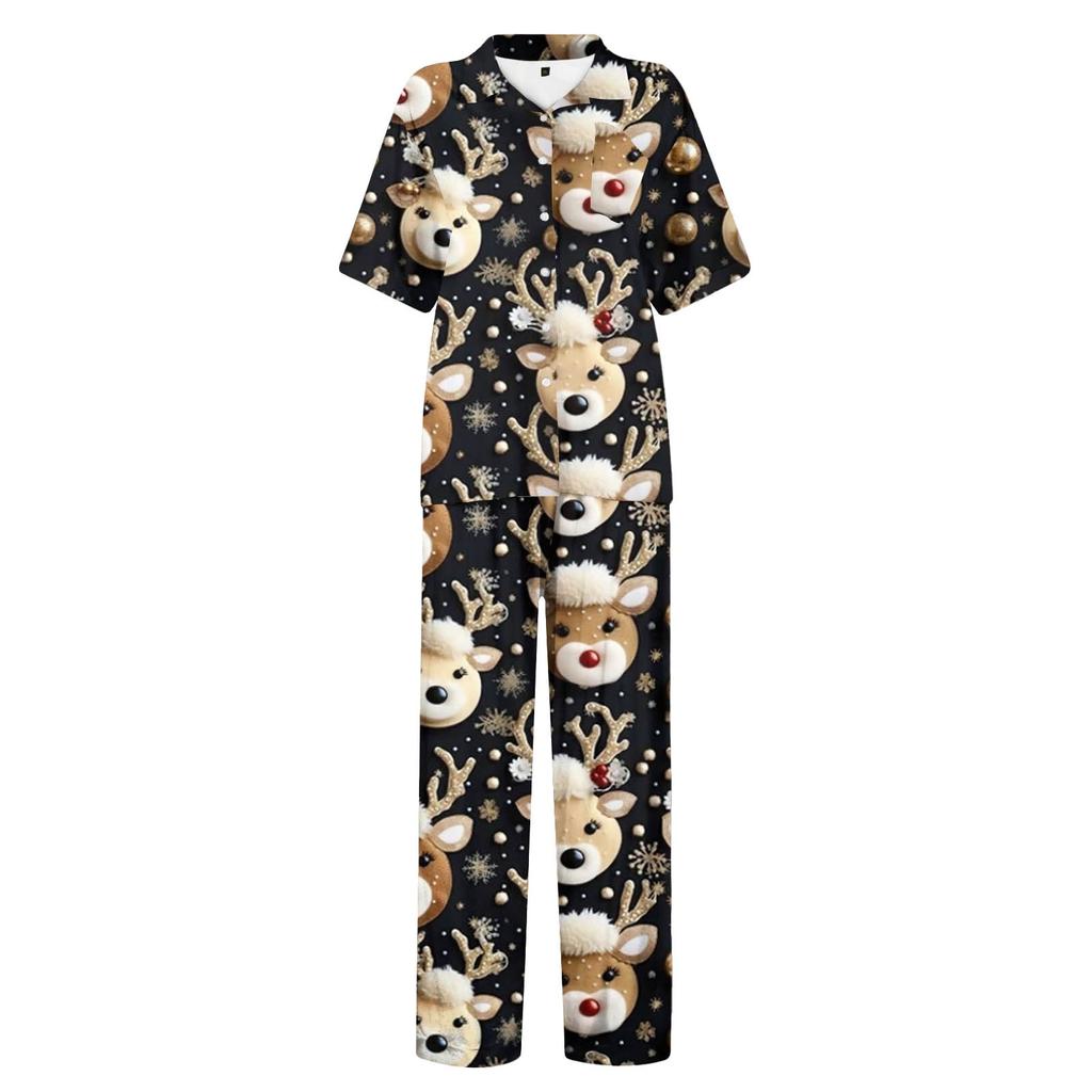 Женский рождественский пижамный комплект с принтом, женские короткие рукава, длинные брюки, комплект из двух предметов, застегивающийся на пуговицы, домашняя одежда