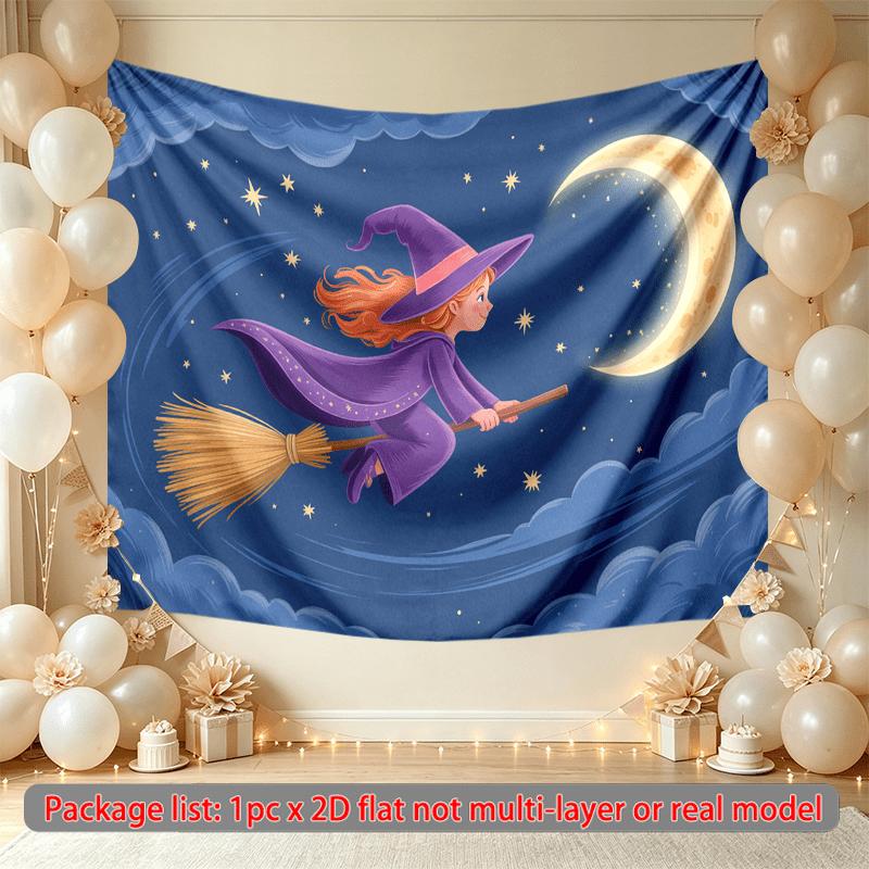 Home Night Sky Witch Decorative Banner, Purple Polyester Backdrop for Home & Party Supplies