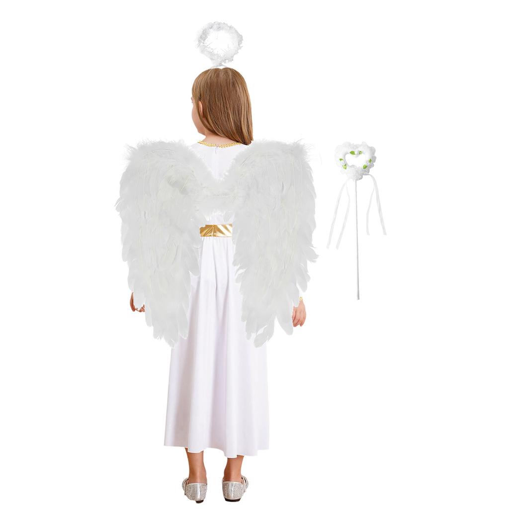 Girls Halloween Party Costume 4Pcs Angel Set with Dress Wings Headband & Wand Cosplay Performance Outfit