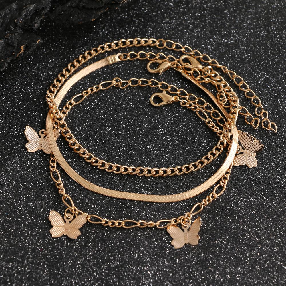 Ножной браслет в стиле ретро, ​​новая многослойная цепочка с подвеской в ​​виде бабочки, ножной браслет с молнией и листьями, модный трендовый браслет