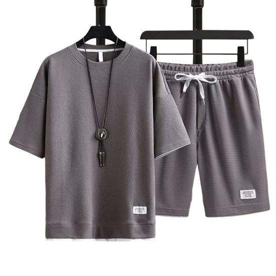 2024Повседневный наряд, модный повседневный наряд длиной до колена на шнурке, футболка с вафельной текстурой, широкие шорты, наряд для отдыха, повседневная одежда