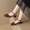 Summer Women Sandals Split Leather Shoes for Square Toe Chunky Heel Elegant Cover Slingback Hollow