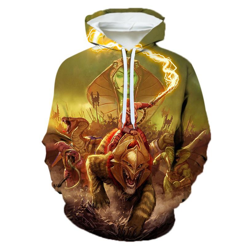Mythical Combat Print Hoodie, Mixed Sword Hero and Magical Beast Illustrations Full Graphic Loose Pullover, Great for Casual Street Sports