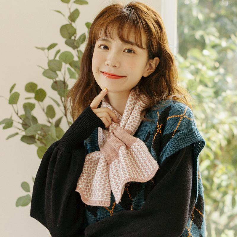 Autumn and Winter Short Plaid Cross Lazy Scarf Female Korean Style Student Girl Knitted Warm Scarf Halter Neck