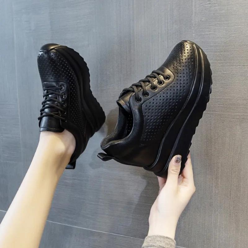 Fashion Hot Quality10cm Genuine Leather Vulcanized Platform Wedge Casual Women Summer Shoes Fashion Sneakers Hollow Heels Increase Shoes