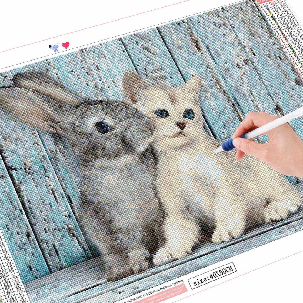 Полный квадратный дрель, алмазная вышивка, кошка, животное, набор страз, распродажа, алмазная живопись, кролик, ручная работа, подарок, декор для дома