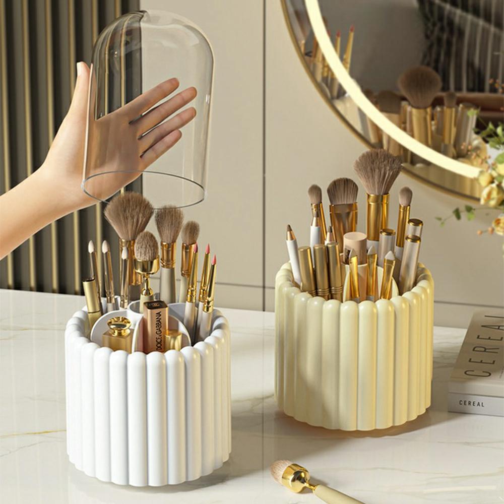 7 Compartments Rotating Makeup Brush Holder Organizer for Vanity Table Cosmetic Storage Container, with Lid