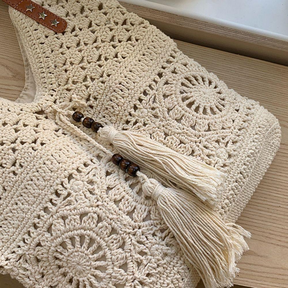 Simple Bohemian Crochet Tote Bag Hollowed Out Ethnic Style Boho Weave Bag Handbag Large Capacity Knitted Bag Picnic