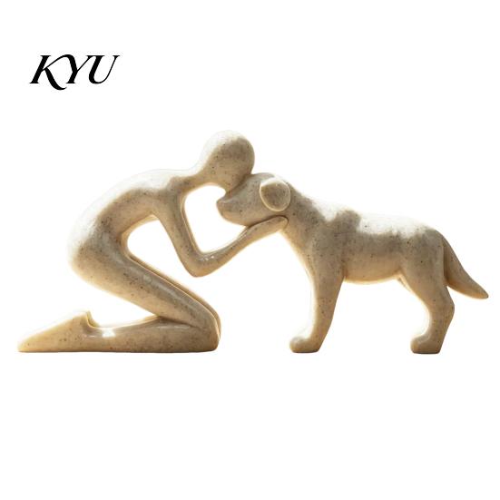 Decorative Shelf Statue for Pet Loss Abstract Human and Dog Resin Figurine, Sandstone Texture Bond Sculpture Memorial Keepsakes Parents Home