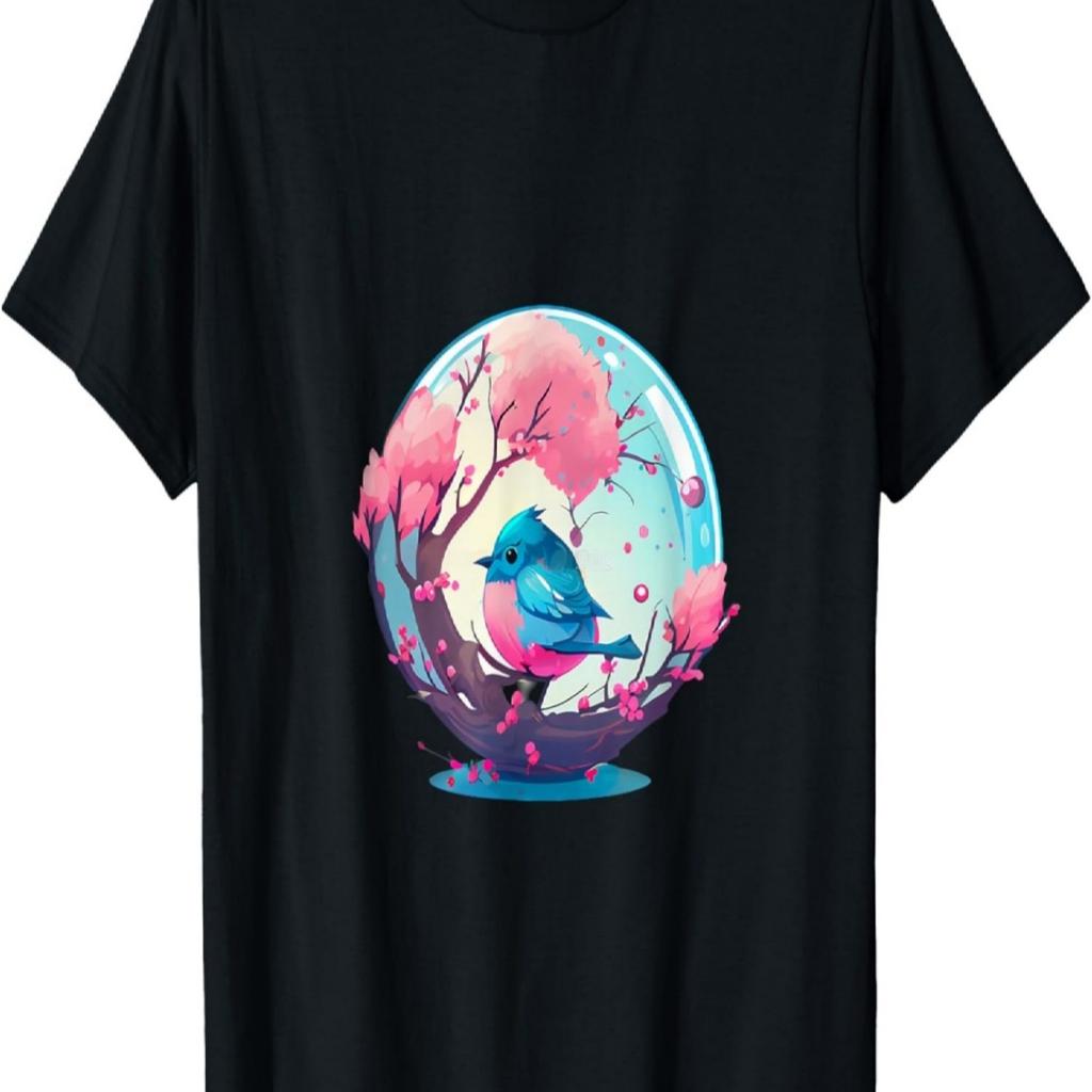 Nature-Inspired Blue Bird on Cherry Blossom Globe T-Shirt