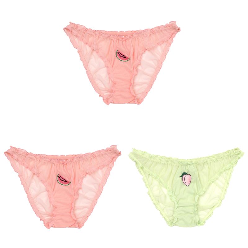 3PCS/Set Women Sexy Lace Lingerie Temptation Low-waist Panties Fruit Ins Embroidery Transparent Briefs Seamless Sweet Underwear