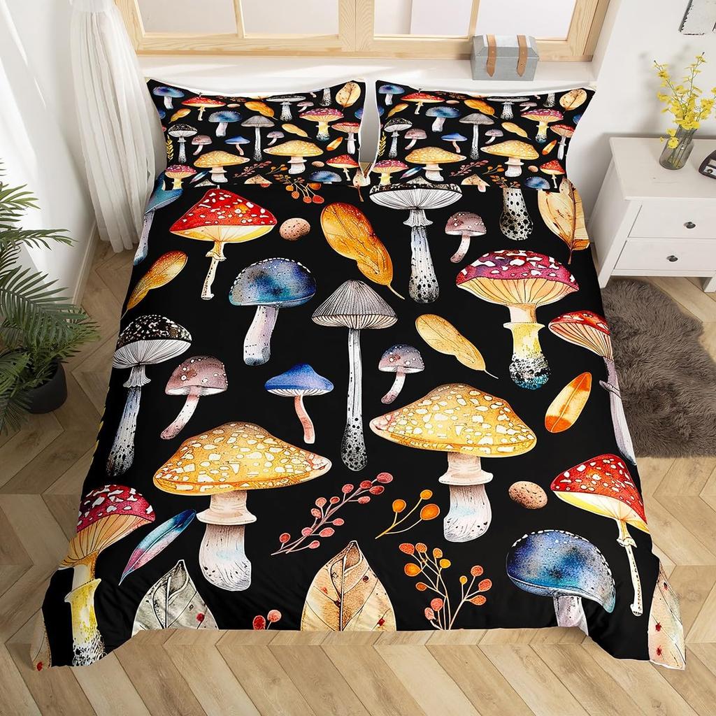 Mushroom Duvet Cover Watercolor Fungus Bedding Set Wild Botanical Comforter Cover Set Retro Leaf Pattern Polyester Quilt Cover