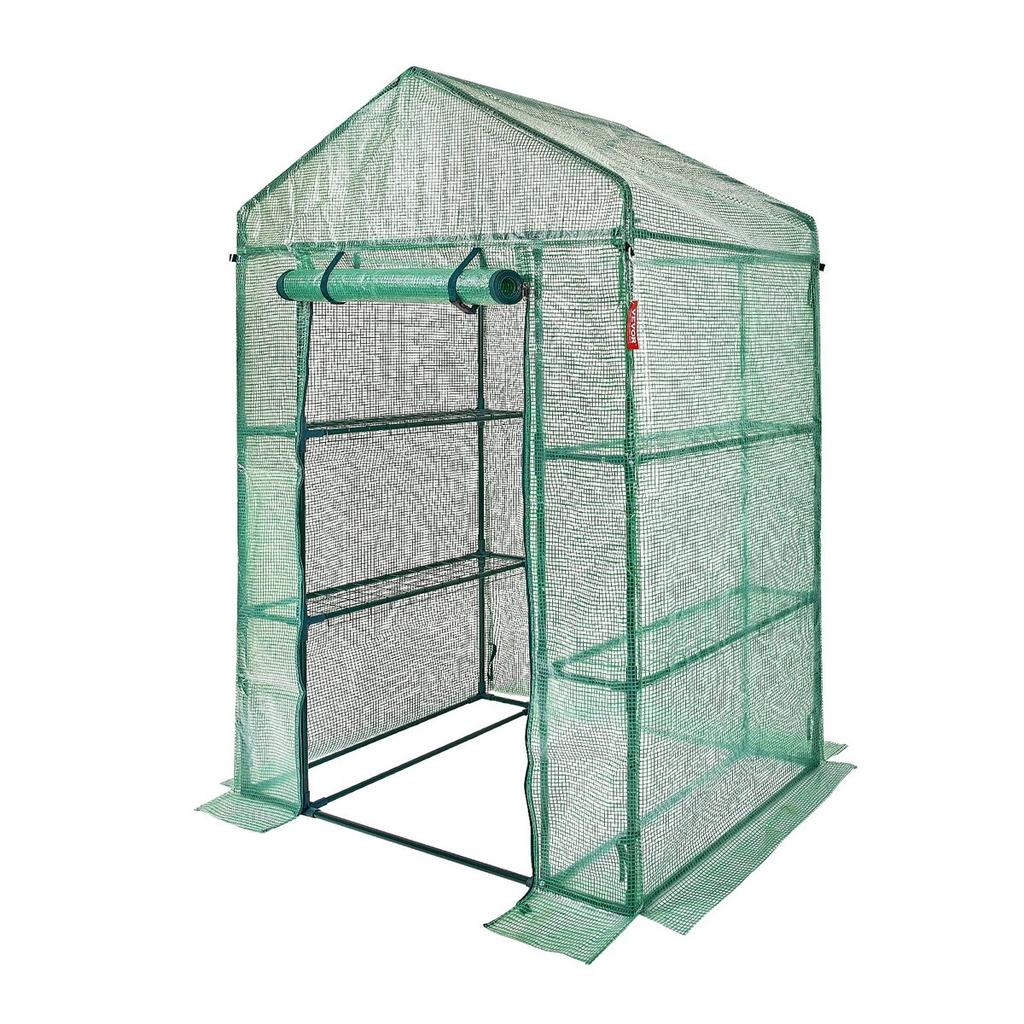Walk-in Green House, 4.6 x 2.4 x 6.7 ft Greenhouse with Shelves, Set Up in Minutes, High Strength PE Cover with Doors & Windows and Steel Frame,