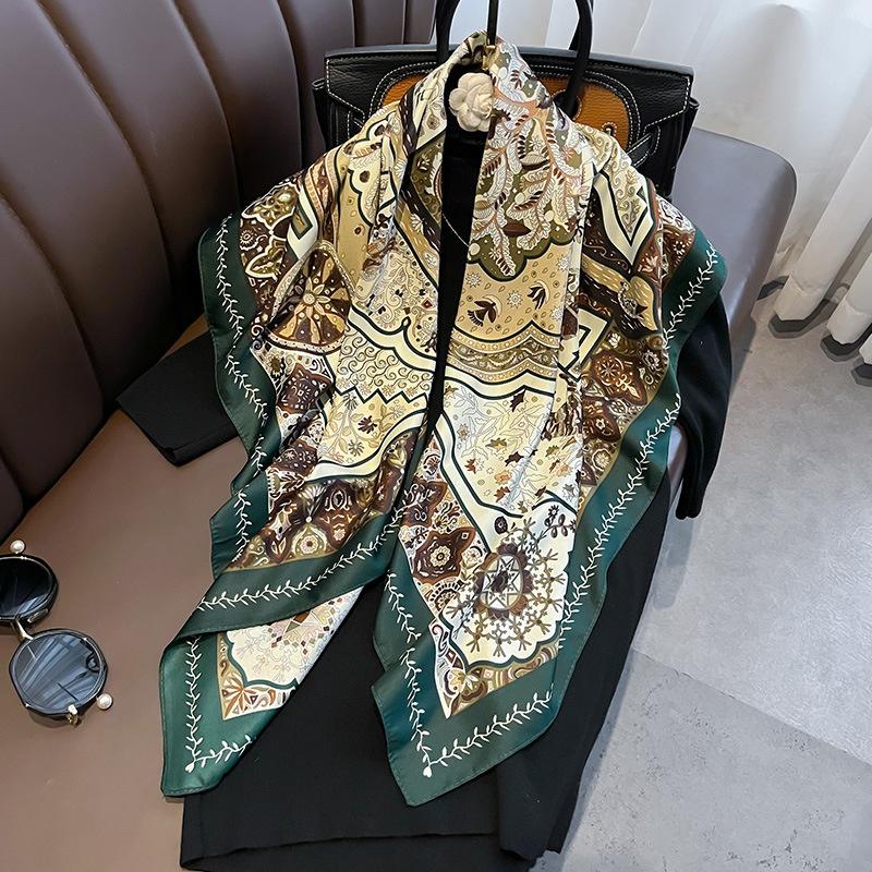 Twill Silk Scarf Women 90cm Square Hijab Shawls And Wraps Female Foulard Headkerchief Elegant Floral Summer Autumn Lady Bandana