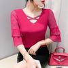 Summer Female V-Neck Bling Rhinestone T-shirts Clothes Girl Sweet Flare Sleeve Stretchy Tops Women Stretchy Mesh Tees