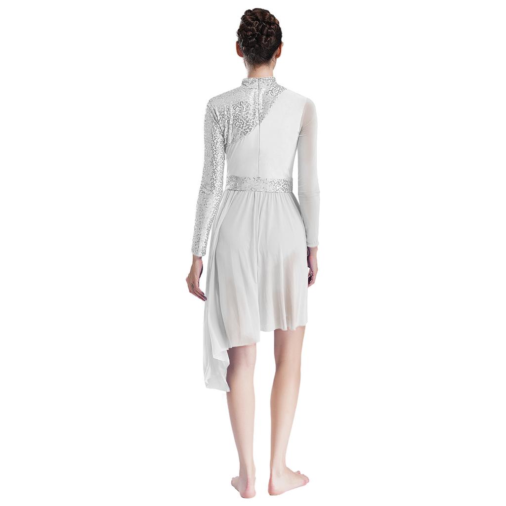 Женское блестящее платье для танцев с пайетками, с воротником-стойкой, длинным рукавом и неровным подолом, сценическое платье