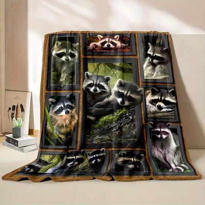 Rustic Raccoon Wildlife Animal Pattern Throw Blanket Soft Fleece Cozy Picnic Lap Blanket for Couch Sofa Decor Home Gift