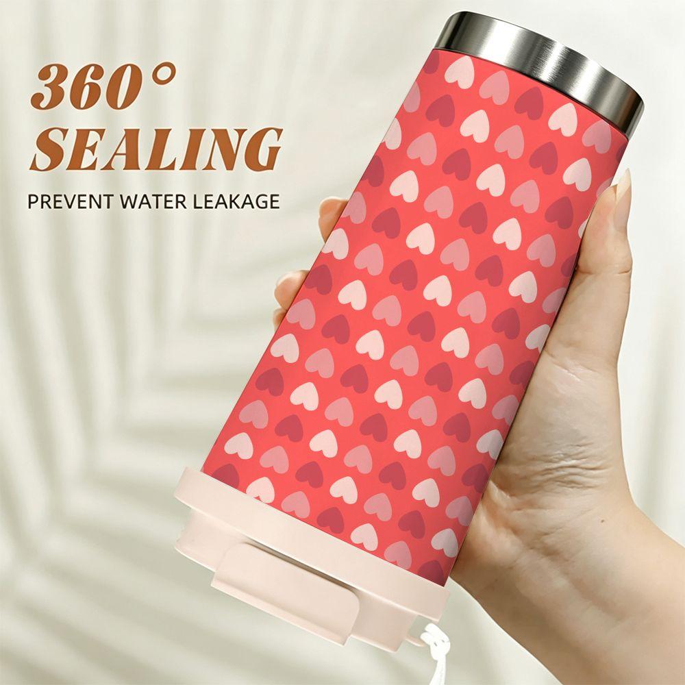 Pink Heart Pattern Thermal Travel Cup Insulated Coffee Tumbler Double Walled Vacuum Stainless Steel Mug Leakproof Reusable Gift for Commute Office