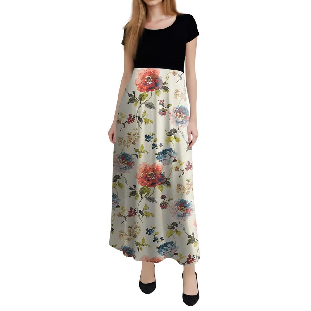 Women's Fashion Casual Loose Printed Round Neck Short Sleeve Long Dresses