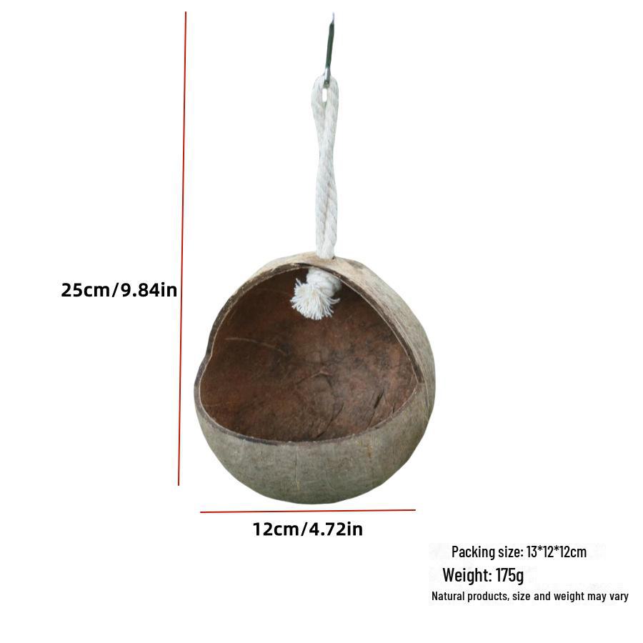 Natural Coconut Shell Parrot Nest & Swing Toy - Warm Tiger Skin Design