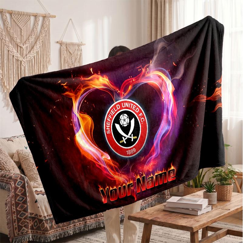 Sheffield United FC Personalized Fleece Blanket With Football Logo, Custom Name Text Soft Warm Home Throw Blanket