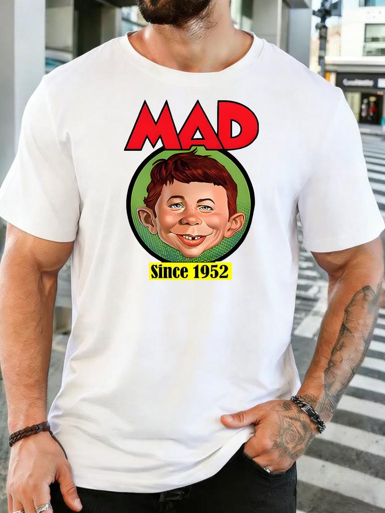 Unisex Vintage Mad Boy Cartoon Portrait Graphic Cotton Short Sleeve Tee Crew Neck Soft Male Summer Casual Breathable Street Top
